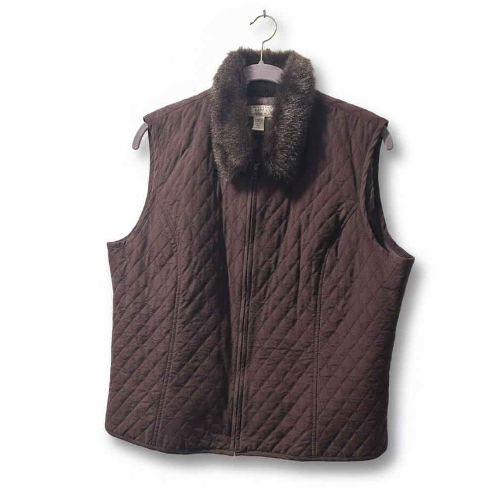 John Paul Richard Quilted Vest Women LP Brown Excellent Faux Fur Silk Blend